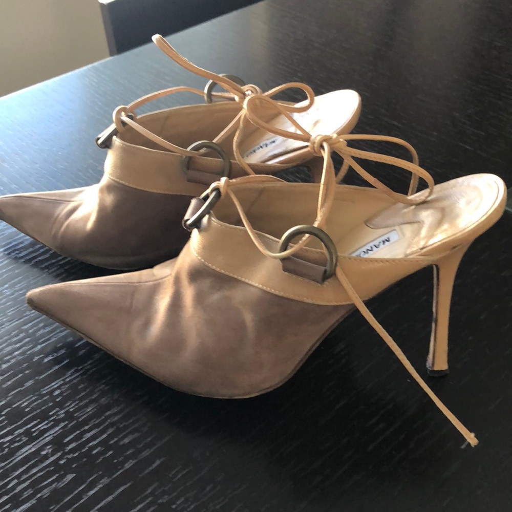 Manolo Blahnik suede ankle wrap mule